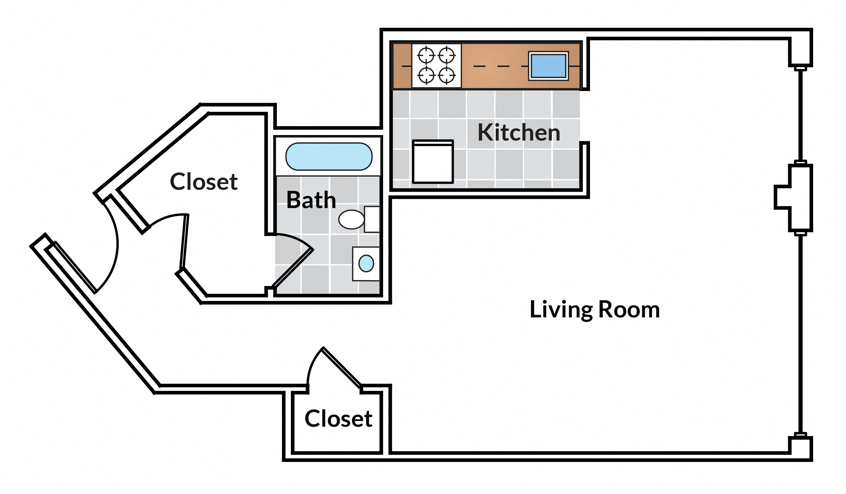 Floor plan for studio, 1 bath, 564 sqft